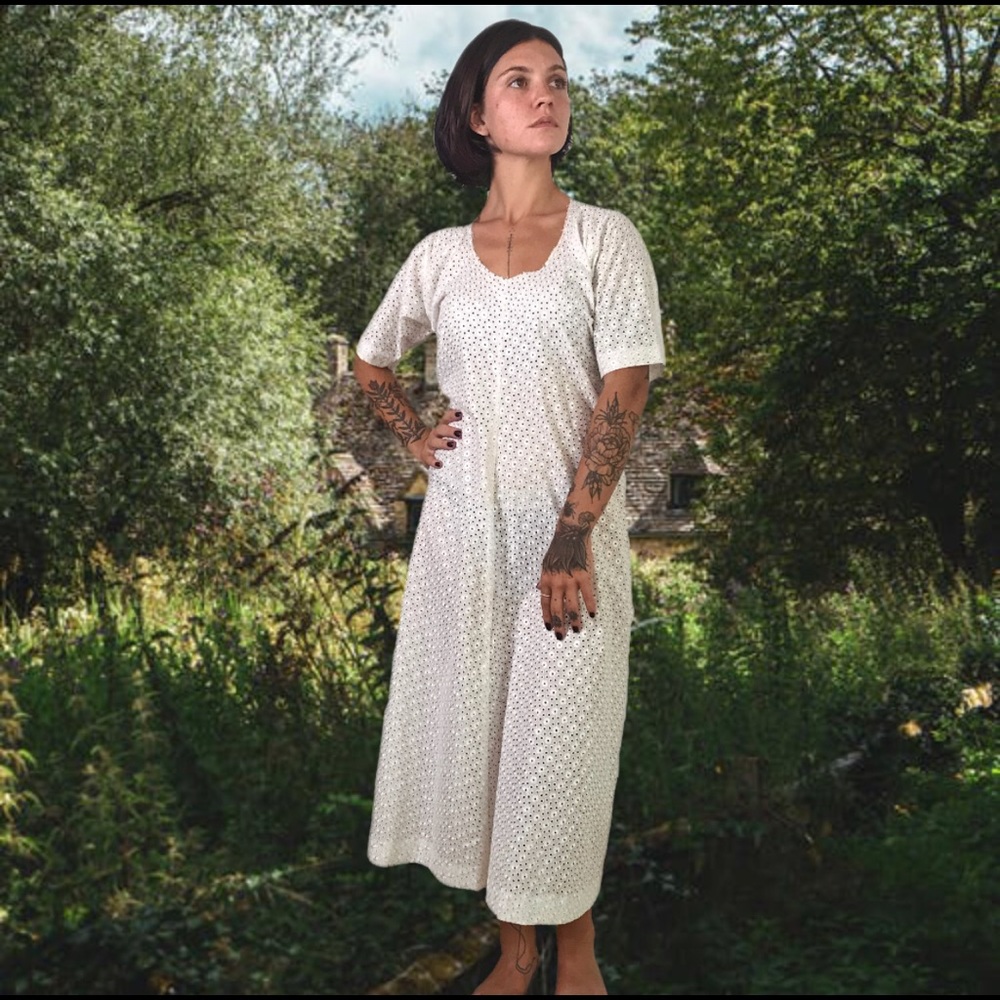 Summery Cottage Core Eyelet Midi Dress